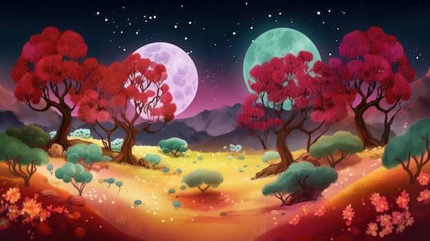 Paisagem de árvores de rubi e flores de safira Bela imagem de ilustração IA generativa