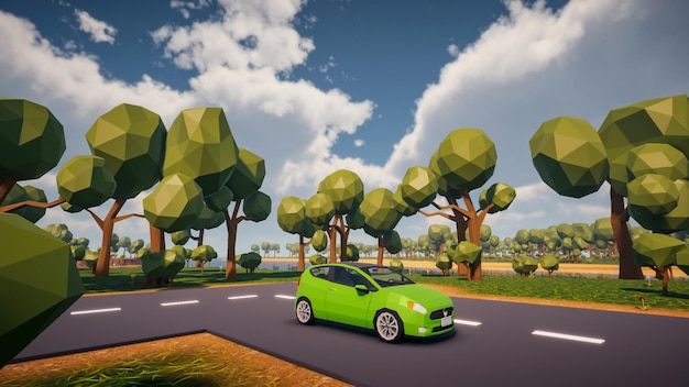 Foto paisagem de baixo poli com carros em uma estrada e um ambiente natural na renderização 3d de fundo