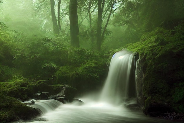 Paisagem de belas paisagens de cachoeira na renderização 3d de fundo de floresta profunda