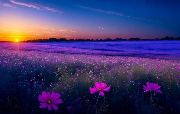 Foto paisagem de belos campos de flores cosmos e pôr-do-sol ai gerado