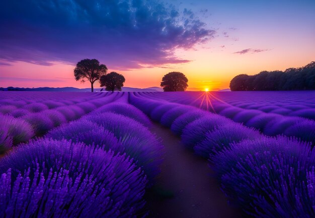 Foto paisagem de belos campos de lavanda e pôr-do-sol