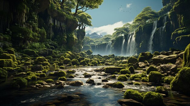 Paisagem de cachoeira com pedras cobertas de musgo verde