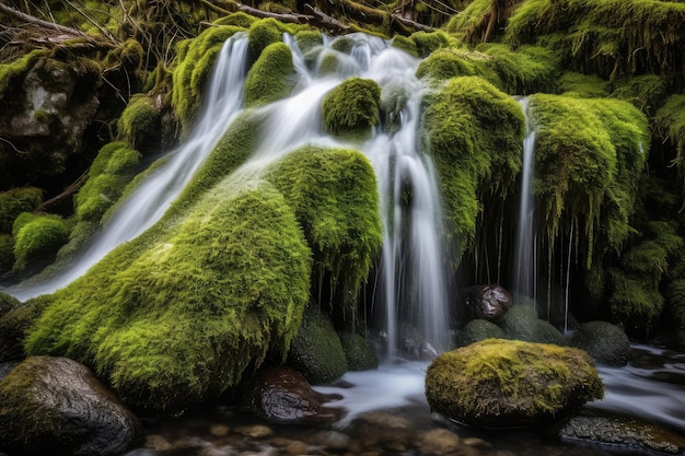 Paisagem de cachoeira com rochas cobertas de musgo verde generativo AI