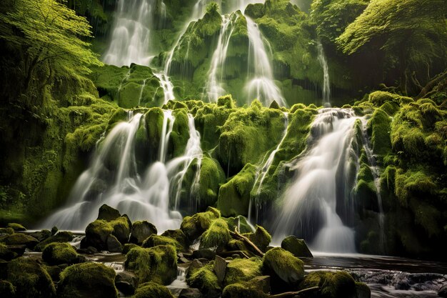 Paisagem de cachoeira com rochas cobertas de musgo verde