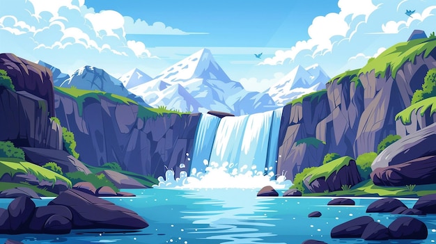 Paisagem de cachoeira paisagem de fluxo de água caindo de rochas para o mar ou lago caindo cascata de jato de rio derramando para a lagoa com pedras e picos nevados de montanha sob céu nublado azul fundo vetorial de desenho animado