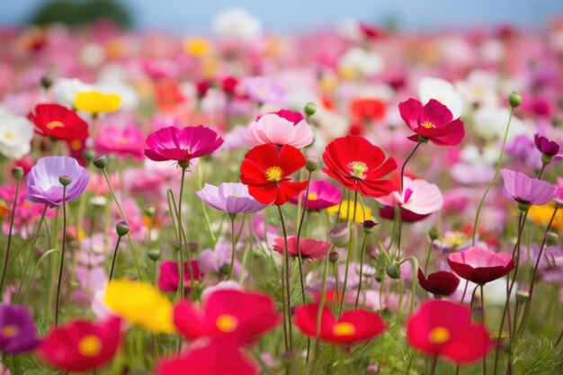 Paisagem de campo de flores coloridas e vibrantes em plena floração