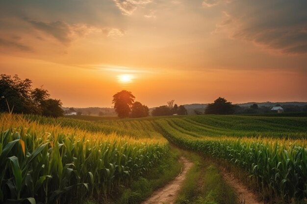 Paisagem de campo de milho e campo verde com pôr-do-sol na fazenda