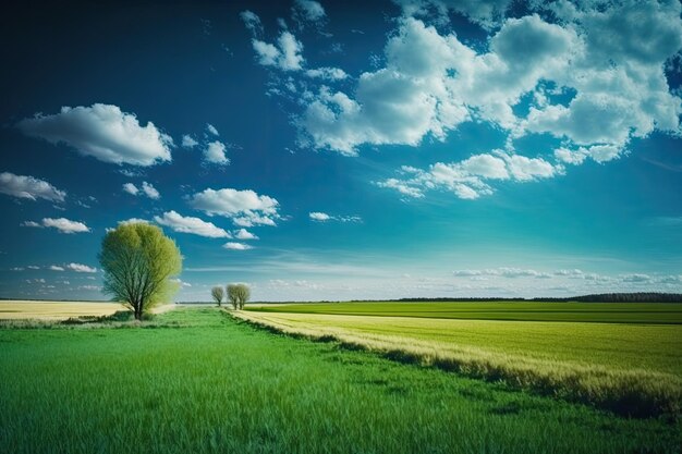 Paisagem de campo verde com grama e céu azul na primavera