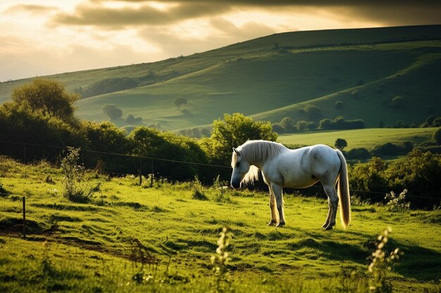 Foto paisagem de cavalos brancos pastando no pasto