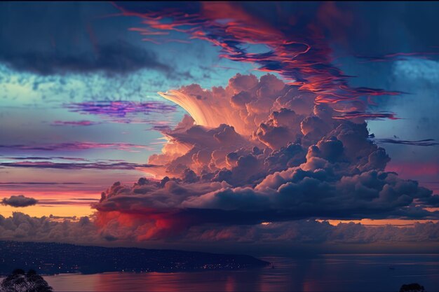 Paisagem de céu azul e nuvens sobre a costa e o mar usando tecnologia generativa de IA