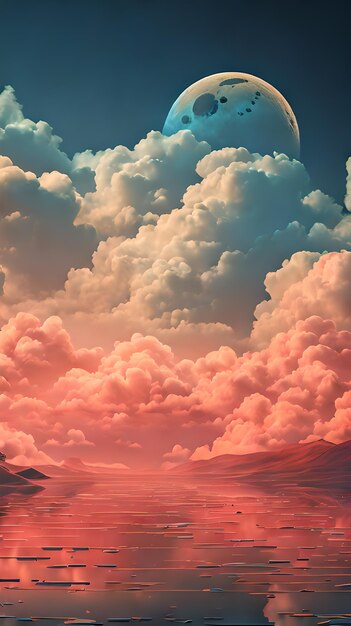 Paisagem de céu de nuvens de cor castanha em estilo de arte digital com papel de parede de lua