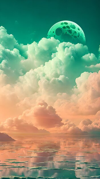 Foto paisagem de céu de nuvens de cor verde em estilo de arte digital com papel de parede de lua