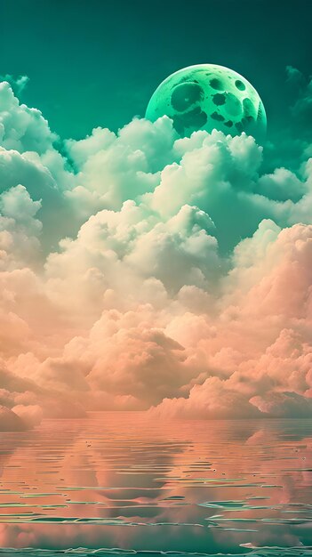 Foto paisagem de céu de nuvens de cor verde em estilo de arte digital com papel de parede de lua