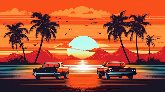 Paisagem de coleção gráfica do pôr do sol retrô definida com carro Generative AI