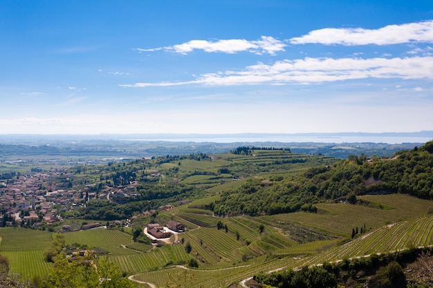 Paisagem de colinas valpolicella com lago garda no fundo. área de viticultura italiana, itália.