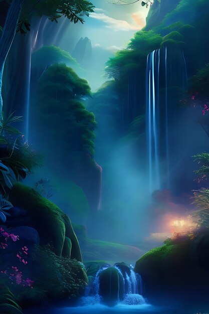 Paisagem de conto de fadas com cascatas brilhantes em meio a uma floresta exuberante