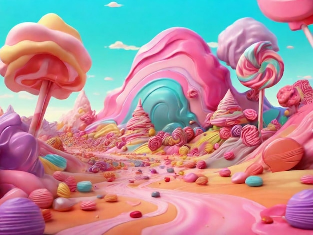 Paisagem de conto de fadas com pirulitos doces marshmellow e chocolate renderização 3d