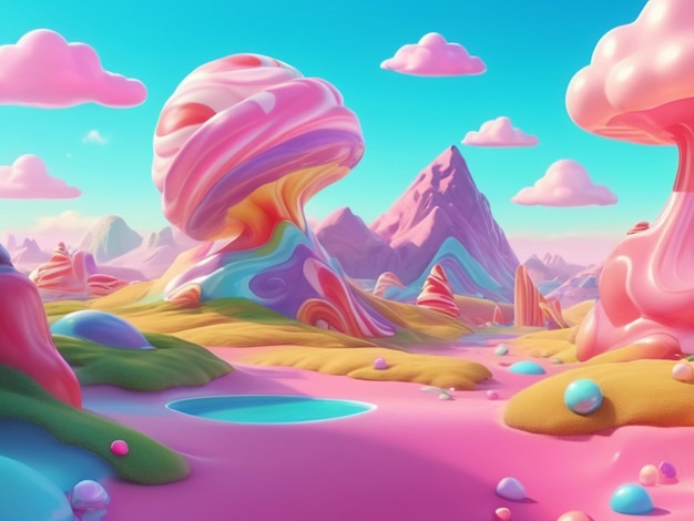 Foto paisagem de conto de fadas com pirulitos doces marshmellow e chocolate renderização 3d