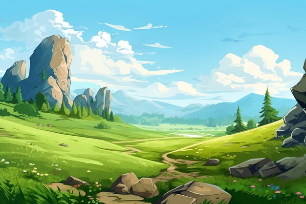 paisagem de desenho animado com colinas de árvores com grama