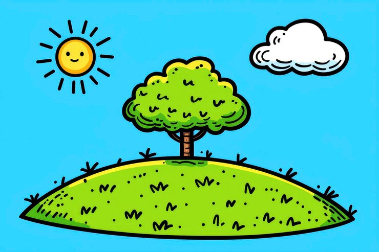 Foto paisagem de desenho animado doodle desenhada à mão com nuvem de árvore de colina e sol