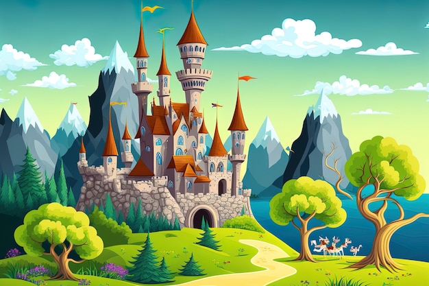 Paisagem de desenho animado para crianças com um castelo do reino, montanhas, um vale, uma floresta e um assentamento