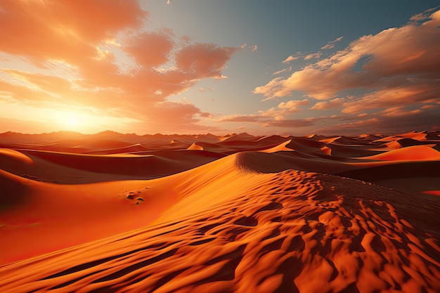 Paisagem de deserto de areia Imagina dunas onduladas que se estendem sem fim sob o céu sem limites iluminadas pelas tonalidades quentes do sol que se põe