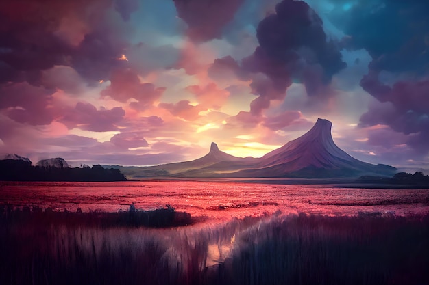 Paisagem de deserto de verão estilo anime sonhador com arte gerada por rede neural de montanhas de mesa