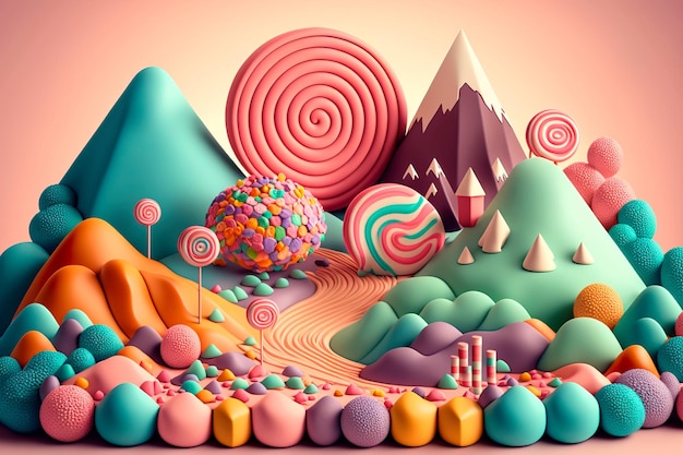 Paisagem de doces coloridos de fantasia IA generativa