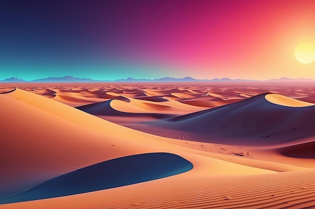 Paisagem de dunas do deserto ao pôr-do-sol Fundo abstrato com efeito dinâmico Design criativo com gradientes vibrantes Ilustração vetorial 3D