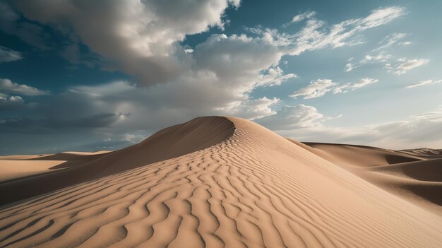 Foto paisagem de dunas do deserto e nuvem branca em um céu azul em um dia ensolarado