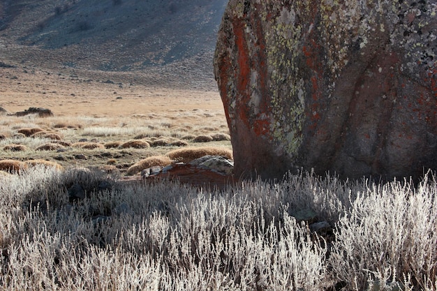 Paisagem de estepe e calha vulcânica de pedra grande