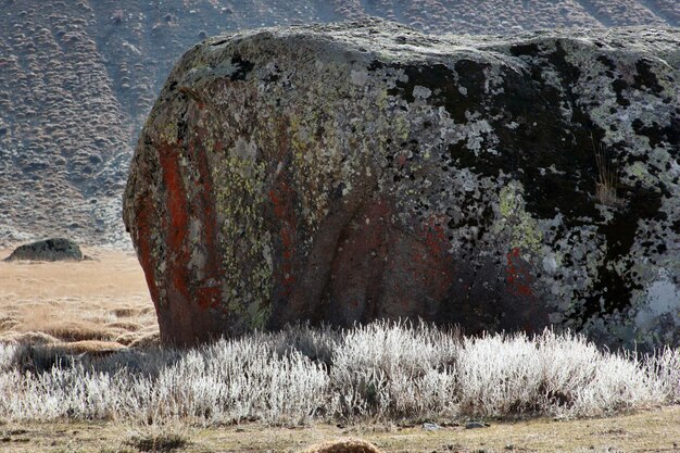 Paisagem de estepe e calha vulcânica de pedra grande