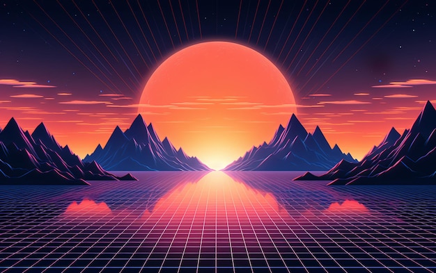 Paisagem de estilo synthwave dos anos 80 com montanhas de grade azul e sol sobre arcade space planet canyon