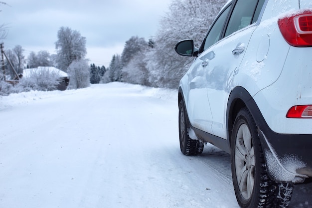 Paisagem de estrada na floresta de inverno com áreas selvagens cobertas de neve