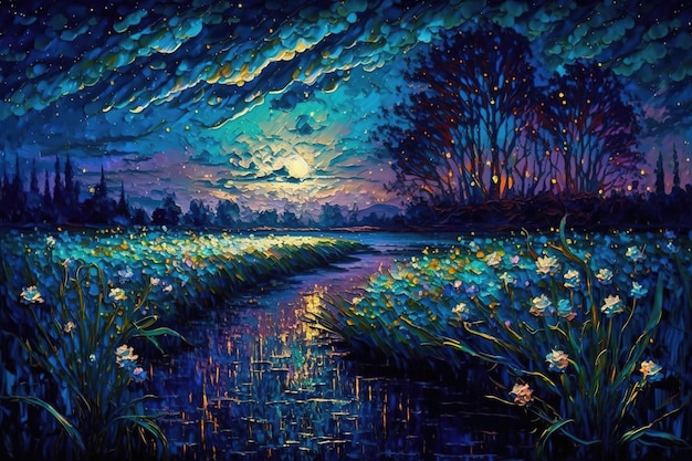 Paisagem de fantasia cênica mágica com estrelas, pintura a óleo e textura de espátula