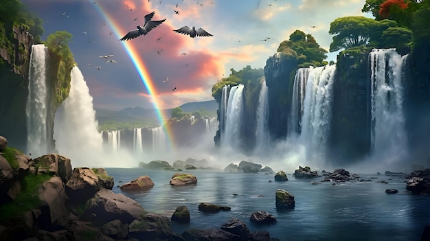 Paisagem de fantasia com cachoeira e arco-íris no céu renderização 3D