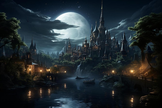 Paisagem de fantasia com castelo e lua.