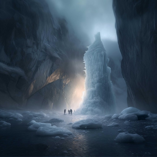 Paisagem de fantasia com caverna de gelo e pessoas renderização em 3D