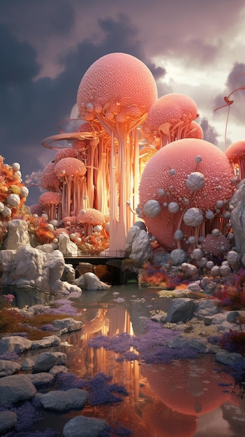 Foto paisagem de fantasia com cogumelos de fantasia ilustração 3d mundo de fantasia