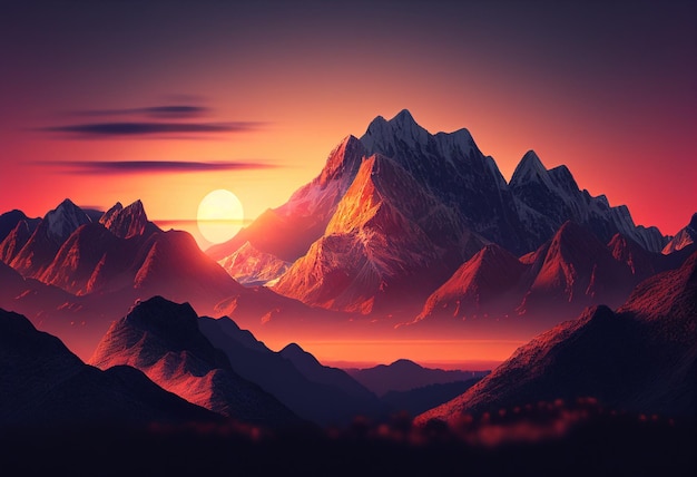 Paisagem de fantasia com montanhas ao pôr do sol 3d render ilustração generativa ai