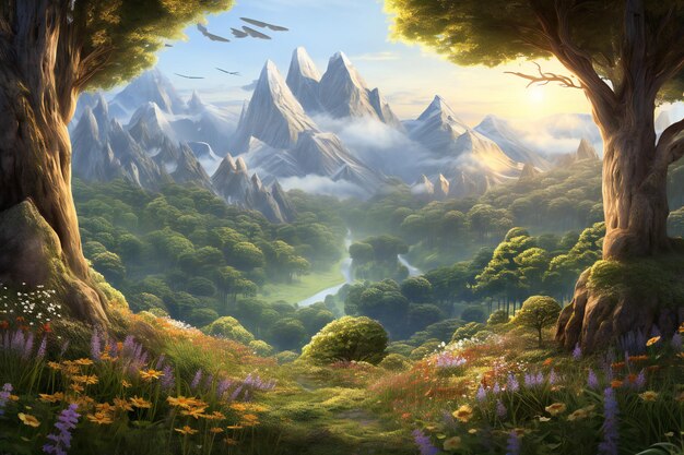 Paisagem de fantasia com montanhas árvores e flores pintura digital