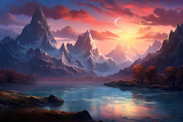 Paisagem de fantasia com montanhas e lago ao pôr do sol Pintura digital gerada por IA