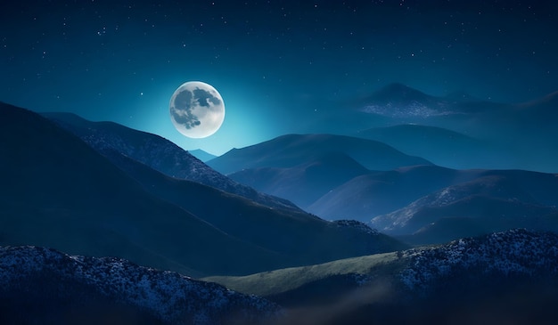 Paisagem de fantasia com montanhas e lua no céu noturno