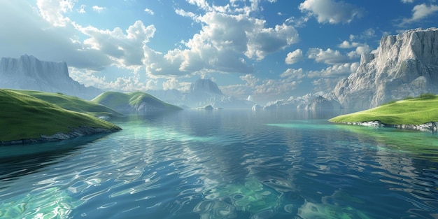Foto paisagem de fantasia com montanhas e mar