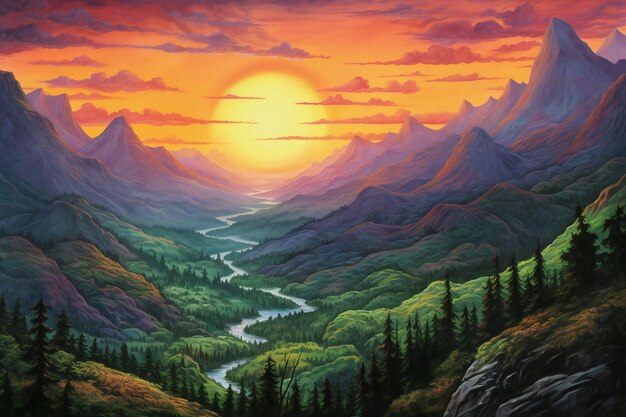 Foto paisagem de fantasia com montanhas e rio no pôr do sol pintura digital