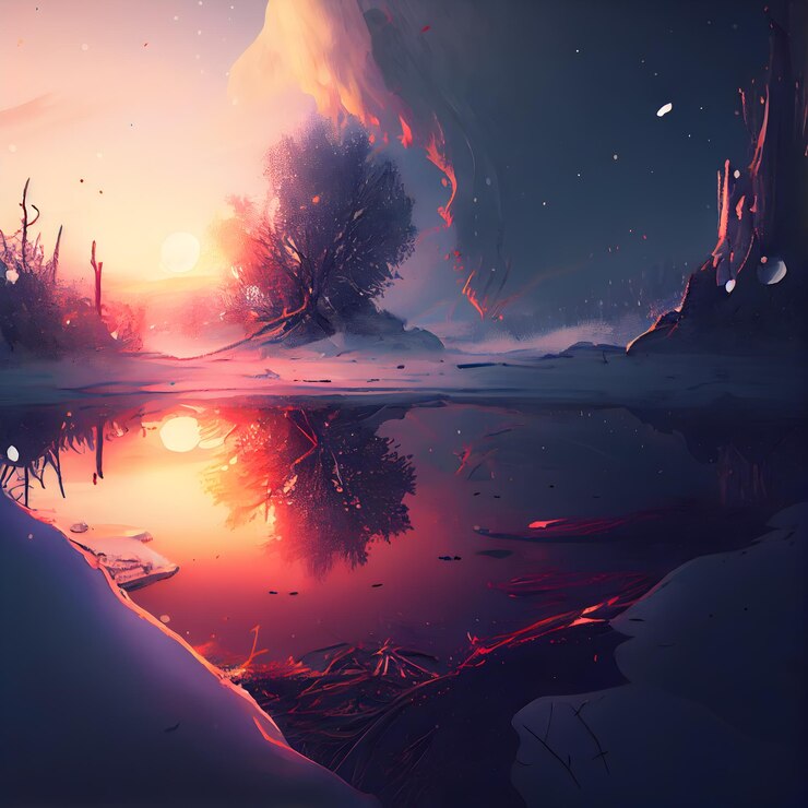 Paisagem de fantasia com rio e floresta ao pôr do sol Pintura digital