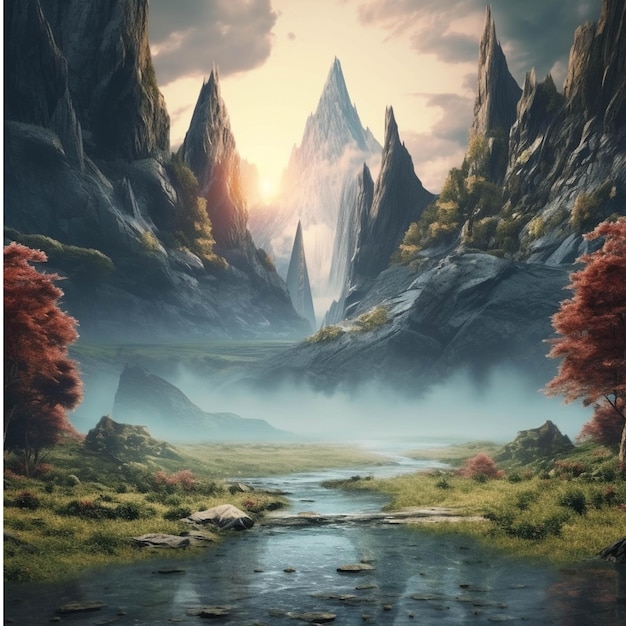 Paisagem de fantasia com rio e montanhas ao fundo Pintura digital