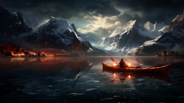 Paisagem de fantasia com um barco no lago e montanhas ao fundo