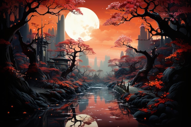 Foto paisagem de fantasia com um lago árvores nuvens e lua cheia luz da lua céu estrelado cena de noite de conto de fadas