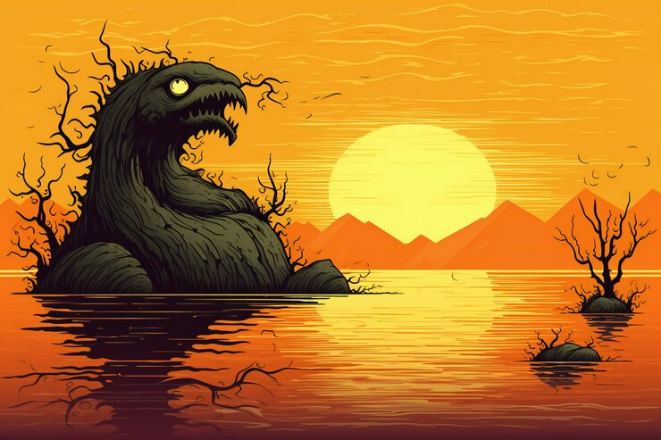 Foto paisagem de fantasia com um monstro no lago